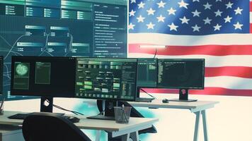 Cyber intelligence and secure operations center with USA flag on big screen. Highlighting governmental cybersecurity strategy, digital forensics and protection against cyber threats. Camera A. photo