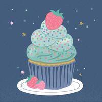 Birthday cupcake with strawberries on a dark blue background vector