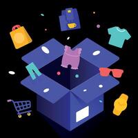 Shopping, a box with purchases and gifts on a dark background vector