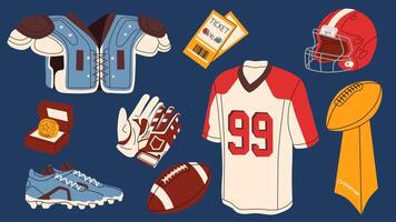 Set of equipment elements for playing American football. Uniform, helmet, ball, gloves, boots isolated on a dark background. vector