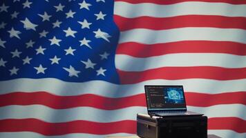 American programmer combating enemy bot accounts on social media with AI technology. Technician working for USA CIA agency building artificial intelligence algorithms to detect fake news, camera B photo