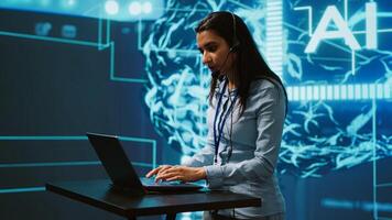 Speaker talking in online webinar, exploring ways AI can positively enhance companies workforce. Presenter promoting artificial intelligence solutions during internet presentation, camera A photo