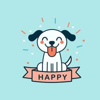 Cute cartoon dog with a happy expression, tongue out, and HAPPY banner below on a blue background. Happy dog. vector