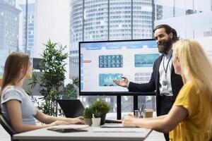 Broker showing trading economic analytics figures on big screen in workspace to customers. Market index listings values going up and down on large monitor, price volatility concept photo