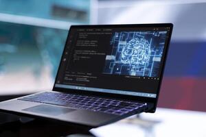 Military private from Russian army working in governmental control center, cracking servers to steal state secrets and spread fake news propaganda. Brainwashing for communism ideology. photo