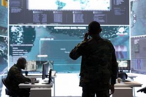 National security specialist provide crucial intelligence via phone call, examining satellite real time imagery in an army control room. Surveillance team supporting strategic military operations. photo