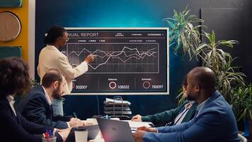 Business employee doing a presentation with project updates and timelines to ensure progress, explaining allocated resources and strategic objectives. Coworkers attend a briefing meeting. Camera B. photo