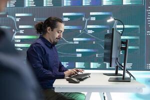 Governmental hackers performing a cyber attack simulation after studying the national database servers. Experts working on IT security, data breach prevention against ransomware. photo