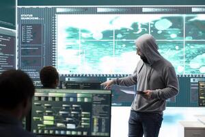 Cyber security experts team working on encryption and IT security in a governmental agency. Specialists working on cyber operations, network security and data protection for national safety. photo