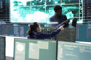 Cyber security team conducting cyber surveillance and threat detection in a governmental agency. Hackers working on cybercrime and malware prevention, data breach protection. photo