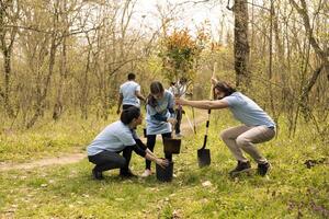 Small girl and activists team do voluntary work by planting trees in the forest, preserving natural habitat. Participating in conservation project and protecting the ecosystem, reforestation. photo