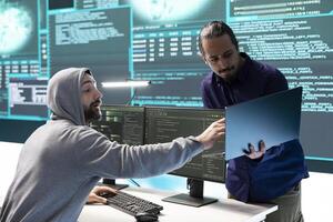 Cyber intelligence team using advanced technology to secure computer networks, governmental espionage system. Emphasizing cyber security and threat detection to combat cyberterrorism. photo