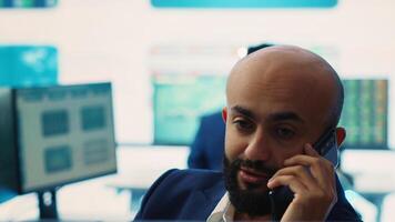 Chief executive officer presenting performance metrics numbers to shareholder on phone call, provide statistics about organizational progress to obtain more funds and increase budget. Camera A. photo