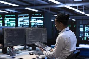 Computer scientist doing yearly checkup to prolong data center electronics life span and avoid downtime. IT staff member in server room monitoring server infrastructure components using tablet photo