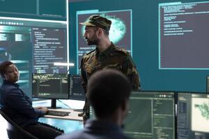 Military hackers working on cyber security in a high tech government center. Focusing on network protection, encryption and preventing cyber attacks to safeguard state secrets. photo