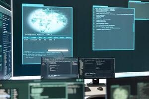 Empty cyber operations center for governmental hacking and threat detection. Equipped with technology for monitoring cyber threats, cybercrime, and safeguarding digital information. photo