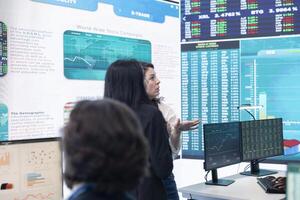 Professional forecast affiliates group work in monitoring room, making crucial decisions together to ensure objectives accomplishment and work on international business expansion. photo