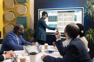 Corporate workmates looking into project insight and details in conference room, establishing budget and operations plan to accomplish goals in a competitive environment. photo