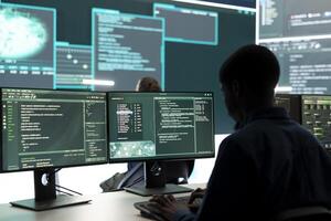 Cyber security experts women working on spyware and malware detection in a governmental agency. Examining server information on a big screen to combat cyberterrorism and cyberwarfare. photo
