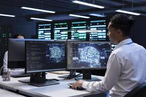 Engineer does maintenance on server hub to optimize it for data processing requirements of artificial intelligence workloads. Specialist inspecting neural network data center used for machine learning photo