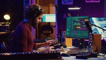 Artist improving the sound quality of audio recordings in home studio, handling mixing console and controls. Producer uses his creative vision to manipulate sounds, audio equipment. Camera A. photo