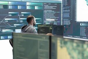 Governmental hackers analyzing cyber threats on big screens, managing important database hacking activity in high tech agency office. Work on cyber defense to protect national security. photo