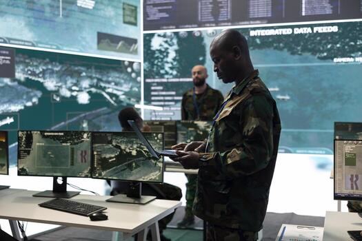 Infantry unit soldier analyzing satellite CCTV imagery to collect data crucial for a field mission, works in army command post. Operating high tech reconnaissance gear and a big screen. photo