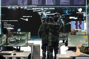 Infantry unit soldiers team studying satellite radar intelligence for a mission, creating an attack plan before going into the field. Skilled army recruits receiving crucial battlefield information. photo