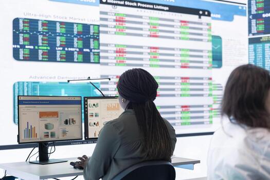 Telecommunications operator transmitting important big data analysis for the annual reports, working on ways to increase profit and expand the business globally. Forecast affiliates. photo