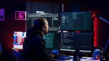 Hacker in secret hideout typing on keyboard, trying to hide online activity after stealing data. Scammer attacking victims computers using malware while trying to avoid being detected, camera B photo