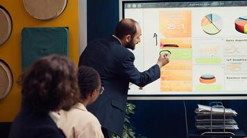 Sales manager creates a presentation to pitch in a new strategy for development, using interactive board to make his staff members understand the objectives. Business planning meeting. Camera A. photo