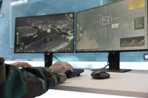Radio operator maintainer monitoring the function of communication gear and maintaining information transmitting. IT specialist managing cybersecurity measures to protect government data. Close up. photo