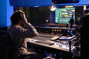 Sound engineer using headset to edit tracks on audio digital software, producer creates music and handling technical gear on control room dashboard. Technician does mix and master. photo