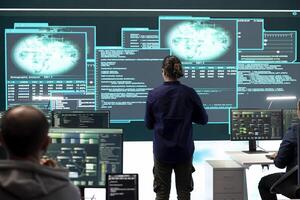 Governmental hackers at work planning advanced cyber attacks on servers infrastructure to gather intelligence, high tech spyware concept. Specialists hacking accounts for cyberwarfare. photo