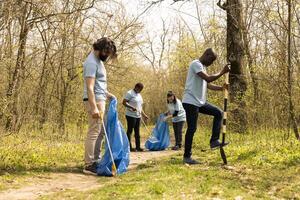 Diverse team of activists collecting trash and planting trees to protect the forest ecosystem, volunteering to clean the woods and increase vegetation. Group of people working hard. photo