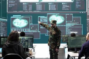 Military hackers in a secret service cyber operations room working on national security. Fighting cyber terrorism during information war and protecting against digital conflicts, high tech. photo