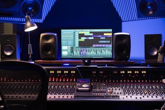 Music recording professional studio with modern editing and tracking equipment, control room with audio digital software and mixing console. Knobs and faders used to do mix and master on music. photo