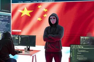 Chinese anonymous hackers group supervises criminal activity and propaganda in Chinese cybersecurity center with the national flag. Spreading fake news about the autocracy and dictatorship. photo
