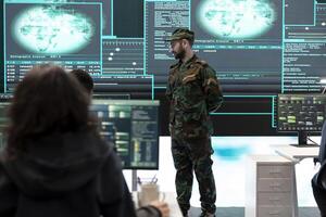 Government army hackers engaged in hybrid warfare strategies in agency office. Personnel using software and technology to secure information, prevent attacks and protect military operations. photo