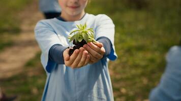 Small child holding soil with a green sprout in her hands, contributing to environmental preservation and natural cultivation. Young activist doing voluntary work to save the planet. Camera A. photo