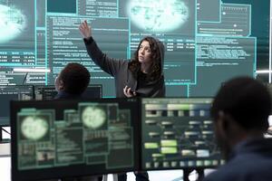 Cyber security specialist conducting cyber surveillance and threat detection in a governmental agency. Professional hackers team managing cybercrime prevention and malware detection. photo