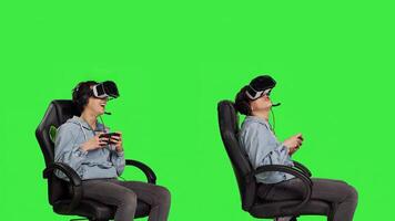 Female player uses virtual reality headset to play with friends online on internet connection, has fun with gaming competition. Gamer playing in tournament with vr interactive glasses. Camera B. photo