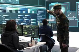 Armed forces cyber security team conducting top secret investigations, using advanced technology for secure communication and threat detection. Classified military information. photo