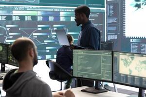 Hackers group using ransomware and phishing tactics to compromise computer networks and gather intelligence for national security and protection during cyberwarfare. Governmental spyware. photo