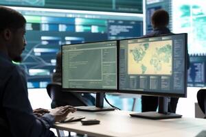 Governmental hacking group targeting sensitive information through high tech cyber attacks, digital espionage. Team of IT experts working on national security and data privacy servers. photo