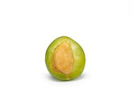 Green cherry plum on a white background. Fruit for making tkemali sauce. Diet food. Useful fruits. Sweet and sour fruit. photo
