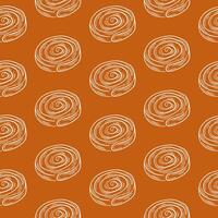 Seamless pattern with line art style cinnamon roll on orange background. Perfect for bakery design, food packaging, wallpaper, and cozy decoration. vector