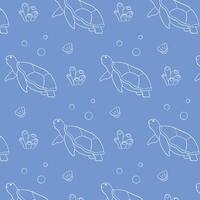Seamless pattern of sea turtle, coral, bubble and shell on a blue background in line art style. Perfect for ocean themed decor, textile, wallpaper and packaging. vector