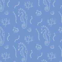 Seamless pattern with hand drawn illustration of seahorse, coral, seaweed and shell on a blue background. Ideal for ocean inspired design, fabric print, wallpaper and stationery. vector
