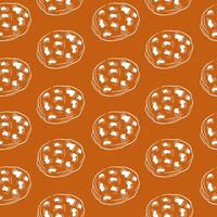 Seamless pattern with hand drawn chocolate chip cookie on a brown background. Perfect for bakery packaging, textile design, kitchen decor and dessert themed graphic. vector